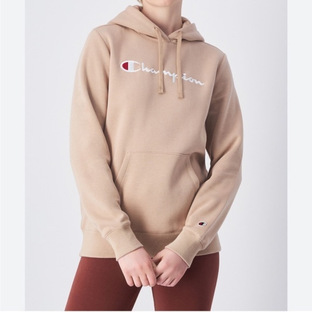 Champion Beige Hoodie With Fleece Hood & Embroidered Logo Kid Large Cotton